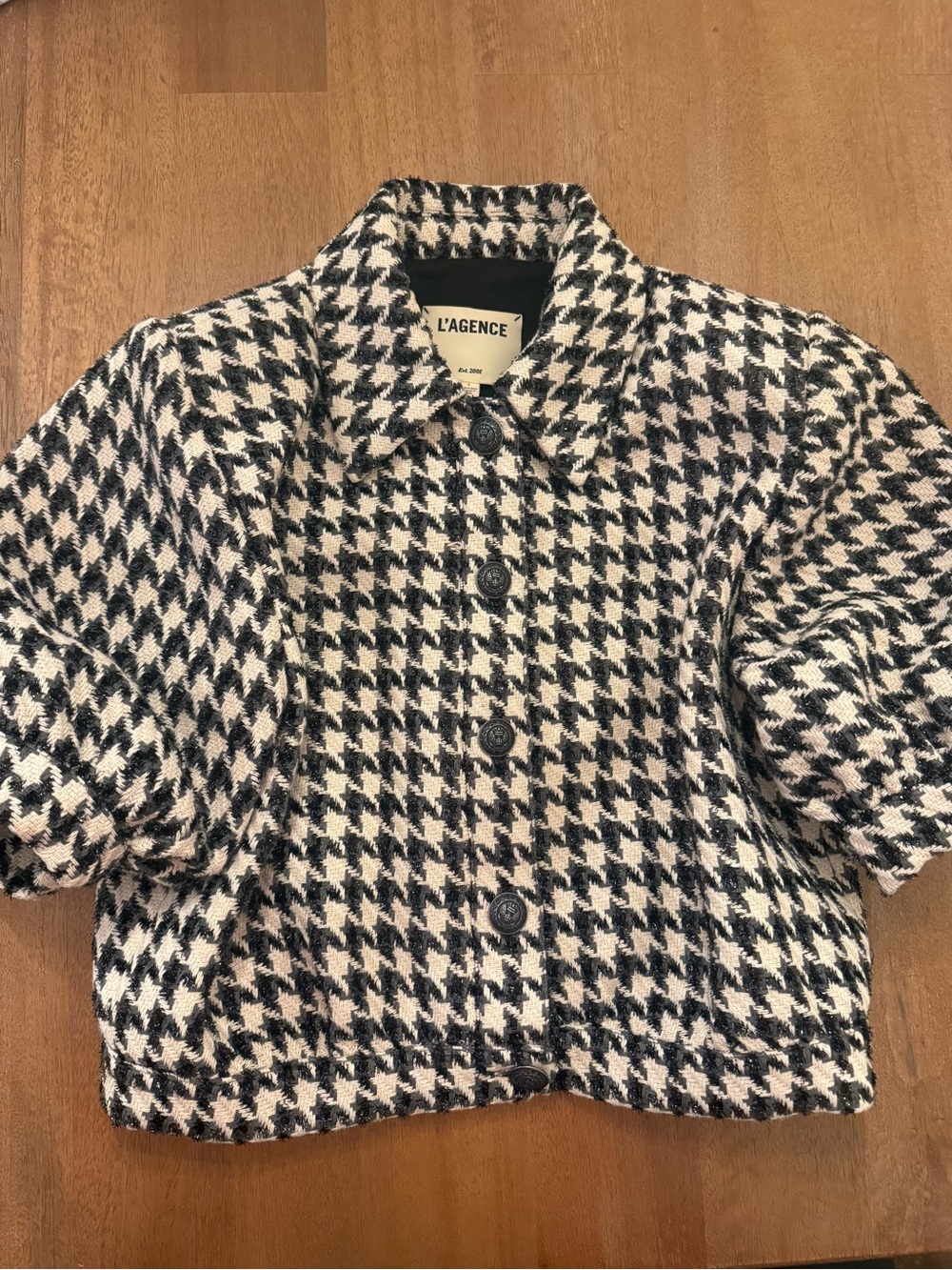 L'AGENCE Black & White Houndstooth Cropped Blazer